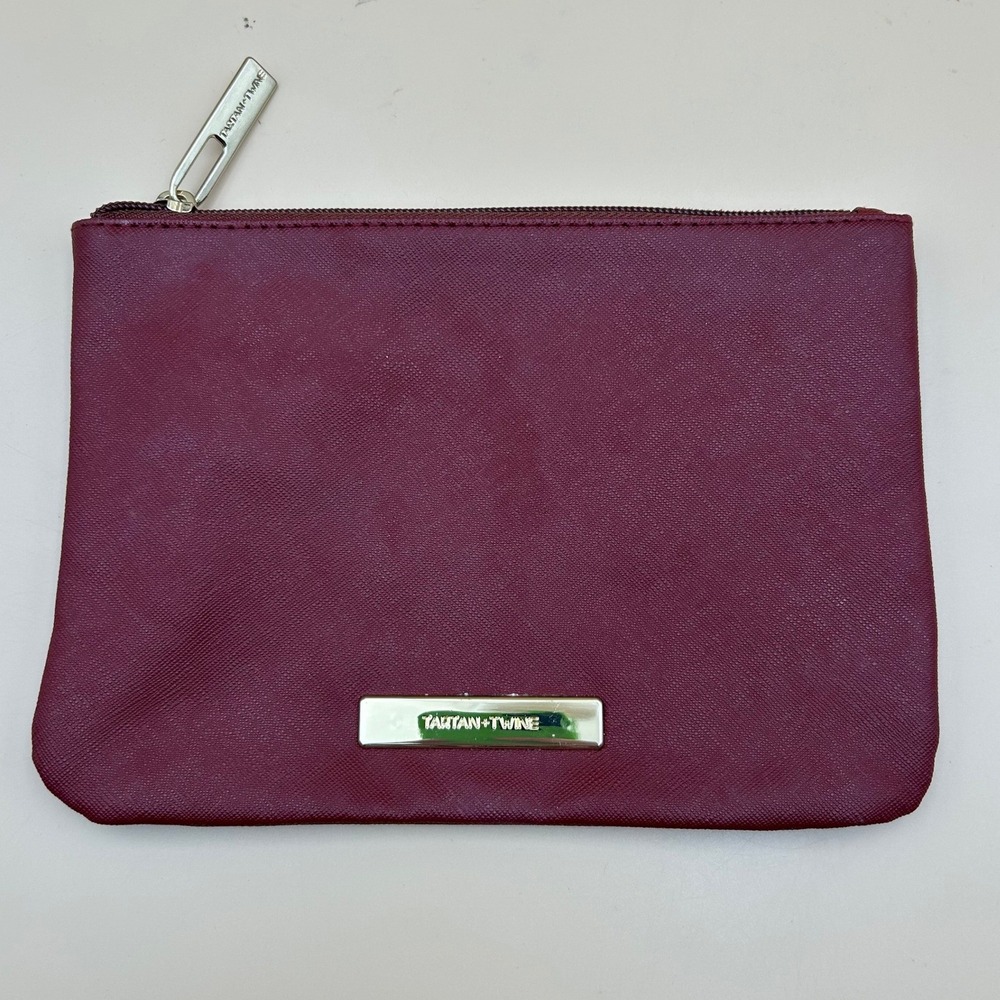 Tartan + Twine Burgundy Saffiano Texture Makeup Bag Cosmetic Pouch Gold Logo
